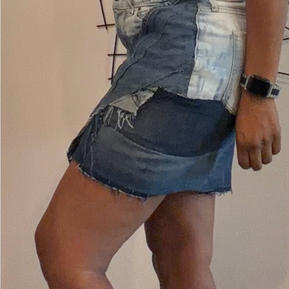 Custom Levi Patchwork Distressed Denim Mini Skirt - Blue - Picture 2 of 6
